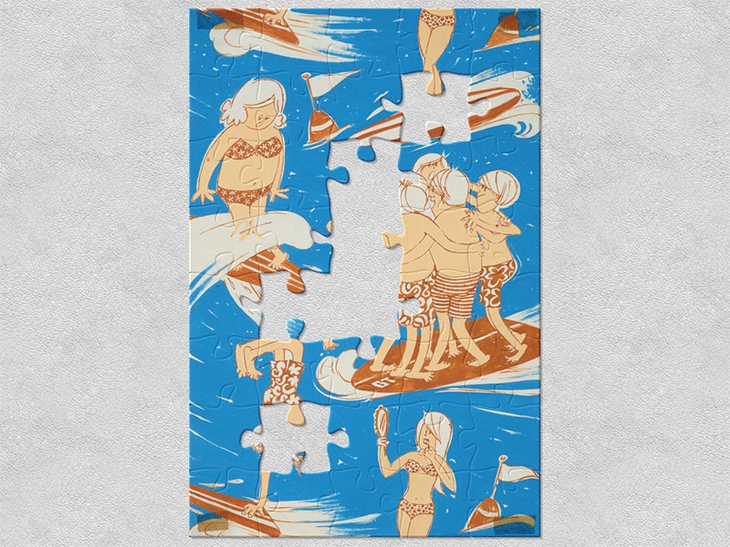 Surfing, 1950s, by Roundhill Studio. Te Papa (CA000670/001/0004) Illustration of many people surfing