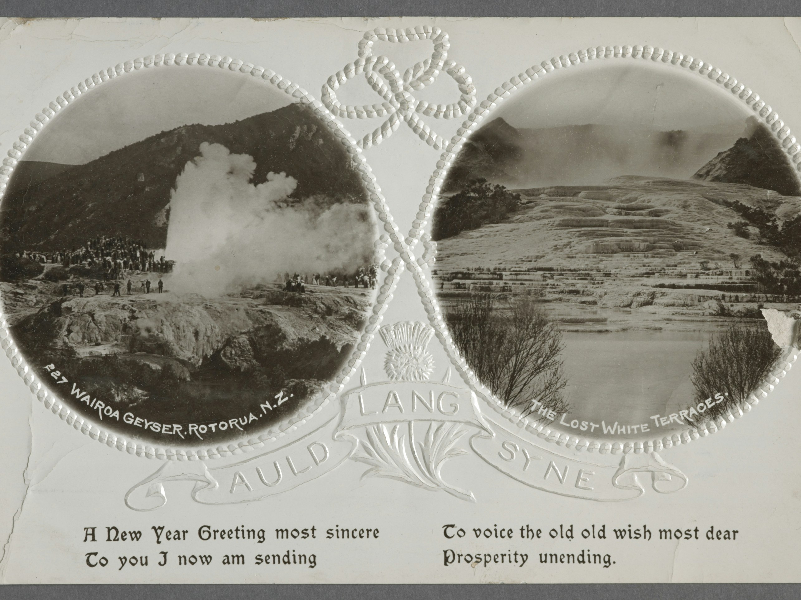 Auld Lang Syne, 1900-1910, New Zealand, maker unknown. Gift of Patricia M. Mitchell, 1989. Te Papa (PS.000813) Two round images on a card. One with a geyser and one with the pink and white terraces.