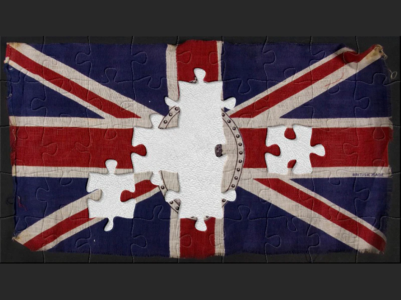 Red, blue and white Union Jack linen flag with a black and white image of Queen Elizabeth in the centre.