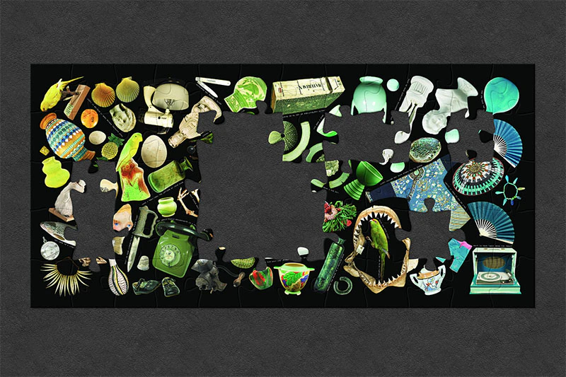 A collage comprising of objects from Te Papa’s collections, organised by colour and shape