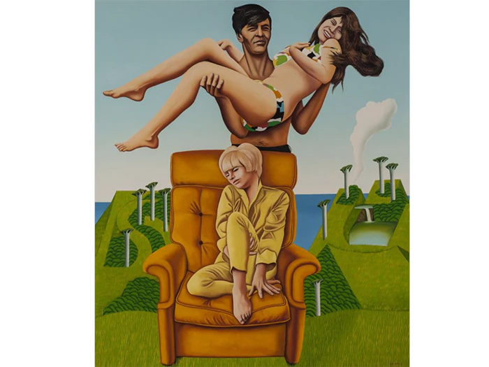 Oil painting by Ian Scott. A man picks a woman up in his arms and child sits in front of them on an orange armchair
