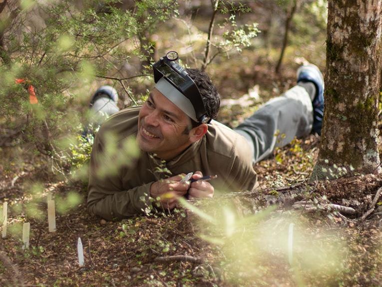 Carlos lies on the ground with his magnifying equipment on his head, surrounded by trees, with a big grin on his face
