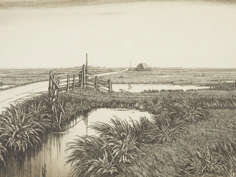 Etching of a canal scene