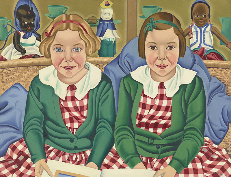 Painting of two young girls sitting side by side. They are wearing red and white checked dresses and green cardigans