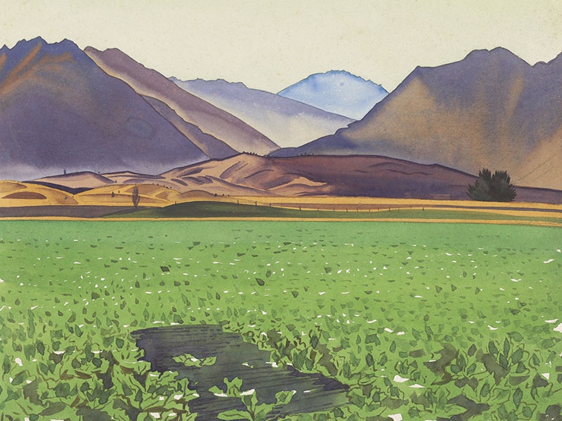 Rita Angus, Landscape (Wanaka), 1939. Watercolour. Purchased 1998 with New Zealand Lottery Grants Board funds. Te Papa (1998-0028-10) Watercolour painting of a landscape. The bottom half comprises of low-lying green vegetation; beyond, gradual hills before a dramatic mountainous landscape beyond