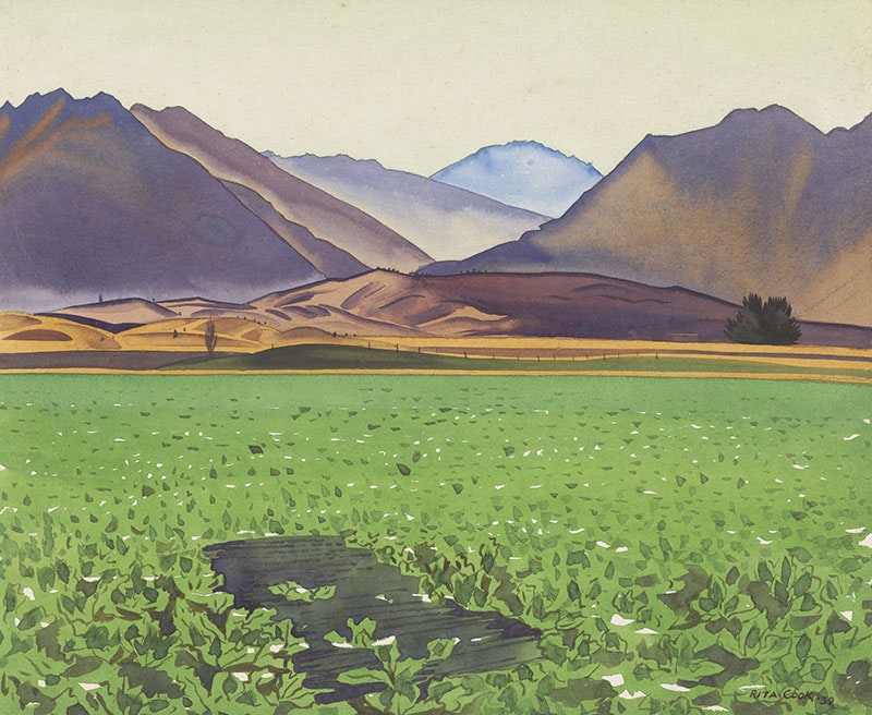 Watercolour painting of a landscape. The bottom half comprises of low-lying green vegetation; beyond, gradual hills before a dramatic mountainous landscape beyond