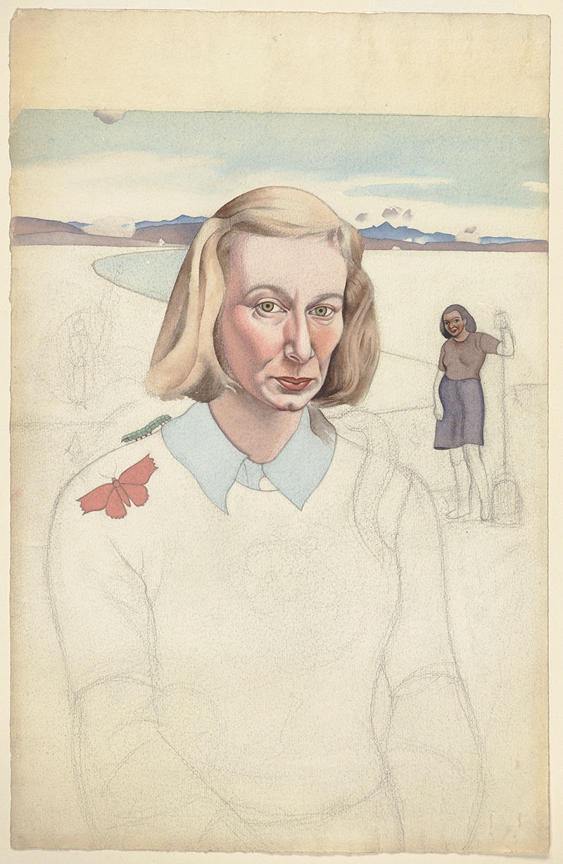 An unfinished self-portrait by Rita Angus. Her face has been coloured in, but the rest of the canvas is a sketch. On her shoulder is a red moth and a green caterpillar. A woman stands in the background standing with a broom