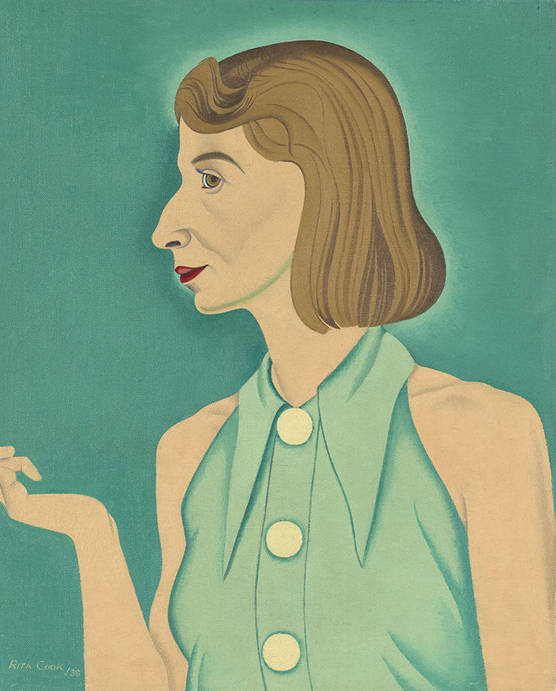 Painting of a woman in side-profile. She has chin-length auburn hair, and is wearing deep red lipstick. She wears an emerald green blouse, which matches the solid block of colour behind her