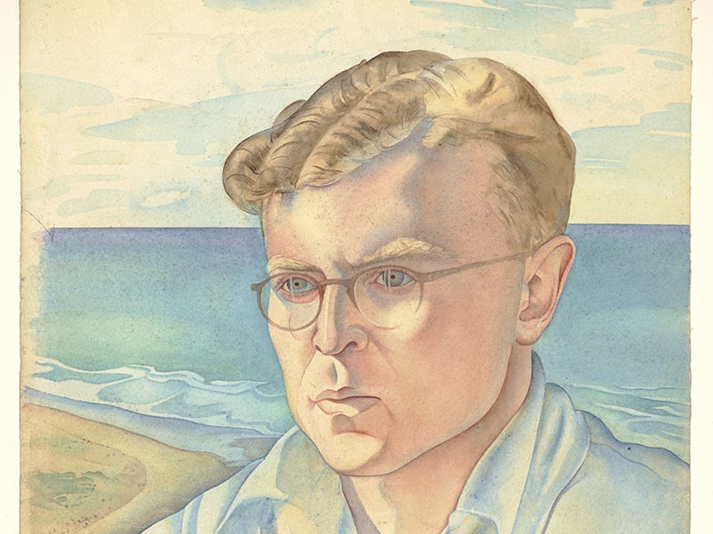 Rita Angus, Douglas Lilburn, 1945, watercolour. Purchased 2022 with assistance from the Te Papa Foundation. Te Papa (2022-0002-2) Watercolour portrait of Douglas Kilburn. He is at the sea, a beach can be seen behind him and beyond that a vast ocean. He wears glasses and a lose-fitting casual-looking collared shirt