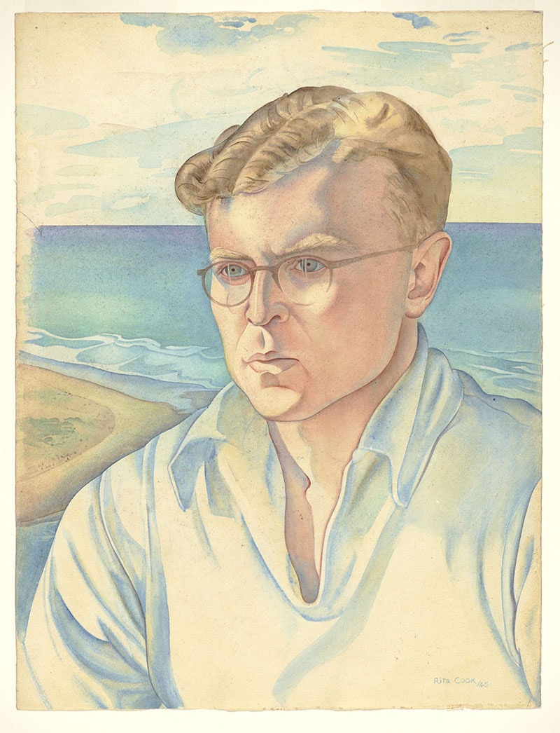 Watercolour portrait of Douglas Kilburn. He is at the sea, a beach can be seen behind him and beyond that a vast ocean. He wears glasses and a lose-fitting casual-looking collared shirt