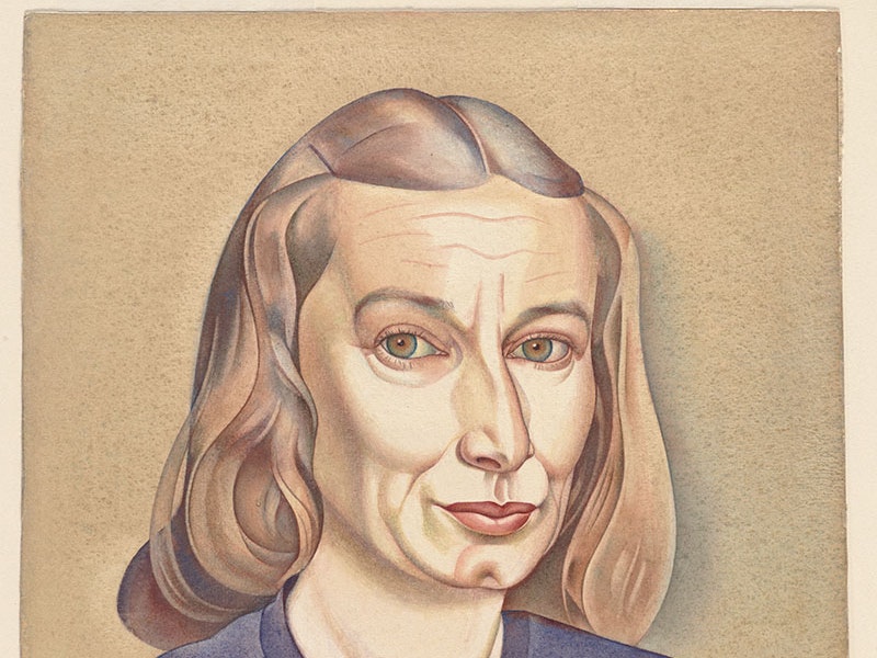 Rita Angus, Self-portrait, 1947. Watercolour. Purchased 2022 with assistance from the Te Papa Foundation. Te Papa (2022-0002-1) Self-portrait painting of Rita Angus. Her hair is clipped back, and she wears a purple top. She looks directly at the viewer
