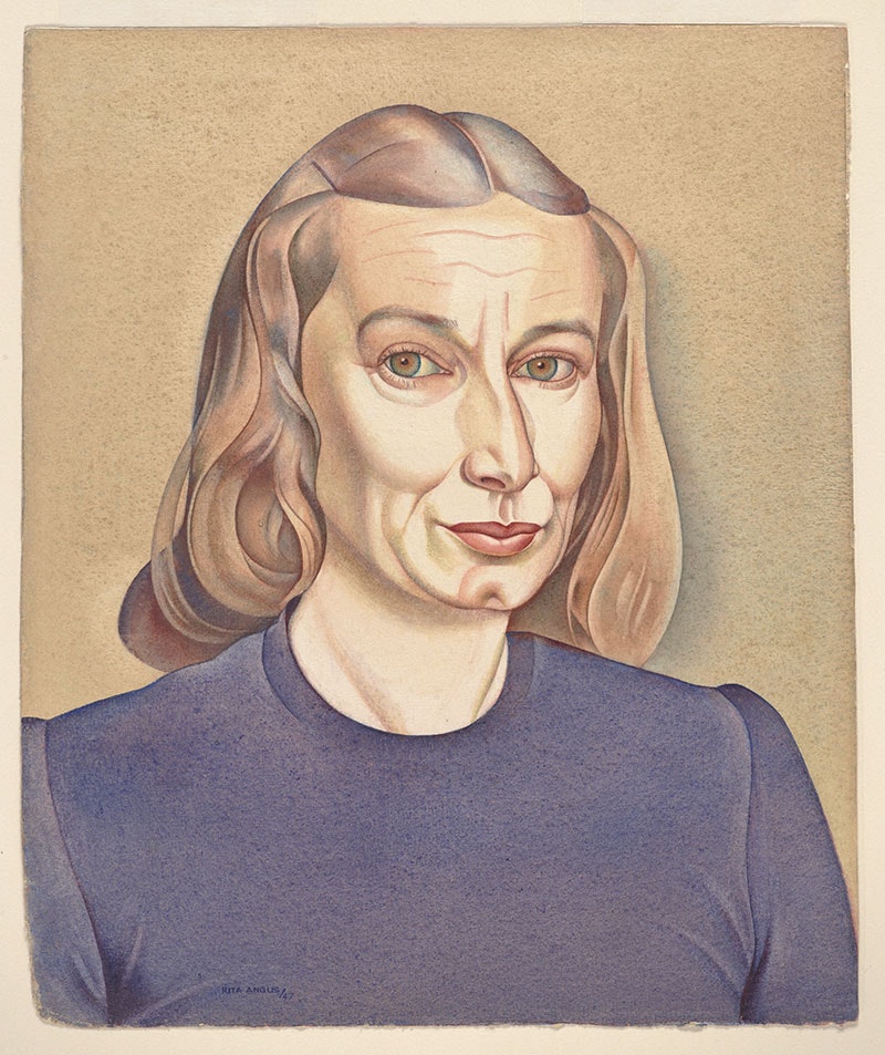 Self-portrait painting of Rita Angus. Her hair is clipped back, and she wears a purple top. She looks directly at the viewer