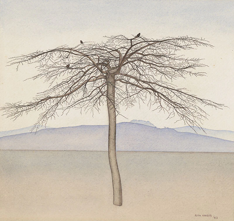 Watercolour painting of an autumnal tree without its leaves. Three birds – perhaps sparrows – sit among the leaves. The tree is isolated in the landscape; hills can be seen in the distance