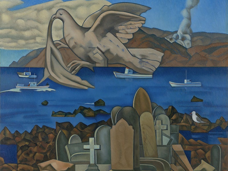 Rita Angus, Flight, 1969, oil on hardboard. Purchased 1970 from Wellington City Council Picture Purchase Fund. Te Papa (970-0012-1) A painting of a an impossible Wellington landscape, made up of tombstones in the foreground, boats in a harbour depicting Island Bay, and hills in the distance. A dove flies by in the middle of the frame