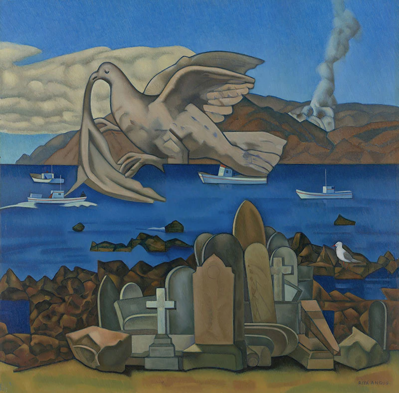 A painting of a an impossible Wellington landscape, made up of tombstones in the foreground, boats in a harbour depicting Island Bay, and hills in the distance. A dove flies by in the middle of the frame