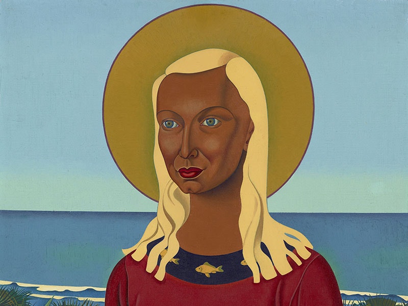 Rita Angus, Rutu, 1951, oil on canvas. Purchased 1992 with New Zealand Lottery Grants Board funds. Te Papa (1992-0025-1) Painting of Rita Angus sitting with the ocean behind her and a yellow circle behind her head like an aura. She is holding a white flower