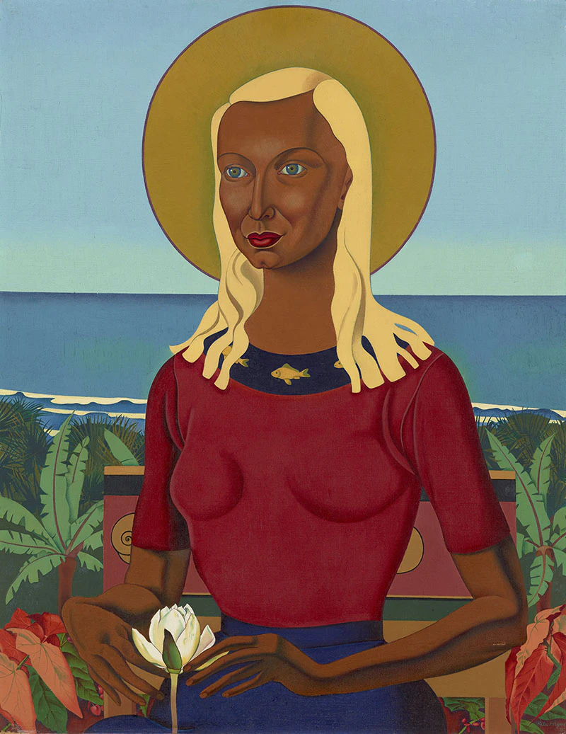 Painting of Rita Angus sitting with the ocean behind her and a yellow circle behind her head like an aura. She is holding a white flower