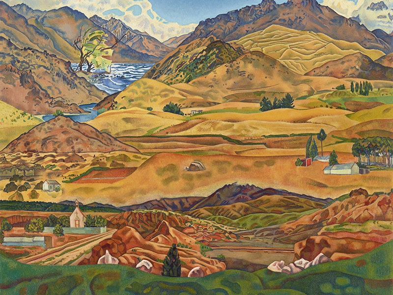 Rita Angus, Central Otago, 1953–56/1969, oil on canvas. Gift of Douglas Lilburn, 1972. Te Papa (1972-0030-1) Painting of a dense Otago landscape. Vibrant colours showcase the region’s hills, there’s Wānaka and its famous tree, and farmsteads and churches dotting the landscape