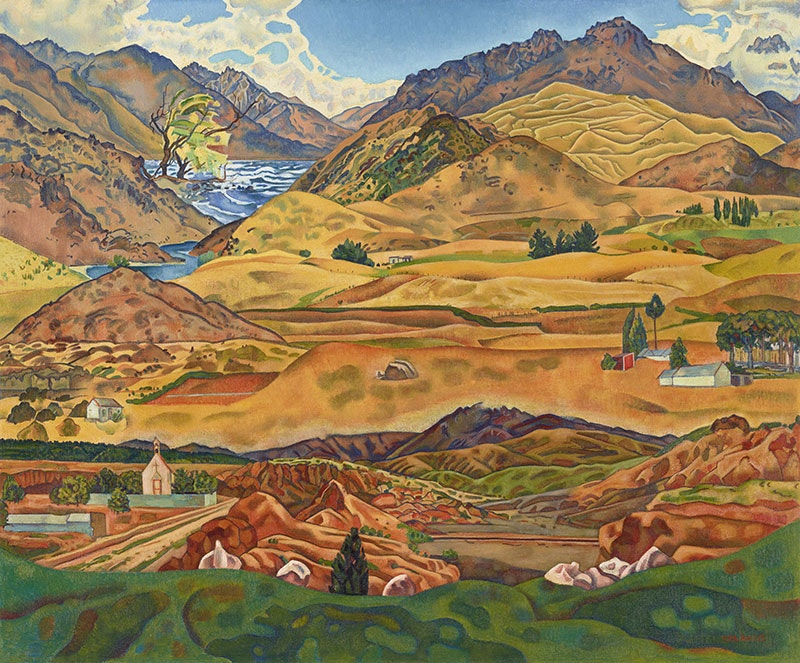 Painting of a dense Otago landscape. Vibrant colours showcase the region’s hills, there’s Wānaka and its famous tree, and farmsteads and churches dotting the landscape