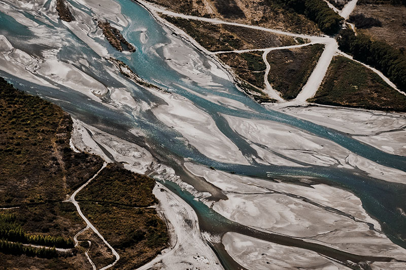 Aerial photo of the braided bed of the Shotover River