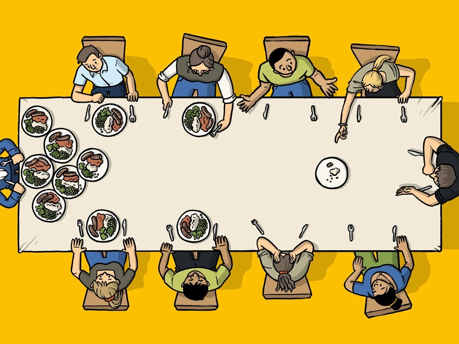 Excerpt from The Side Eye #45: ‘Two New Zealands: The Table’, by Toby Morris, 2022. Courtesy of Toby Morris Cartoon of 10 people sitting around a dining table, each with varying numbers of plates in front of them, from multiple to none