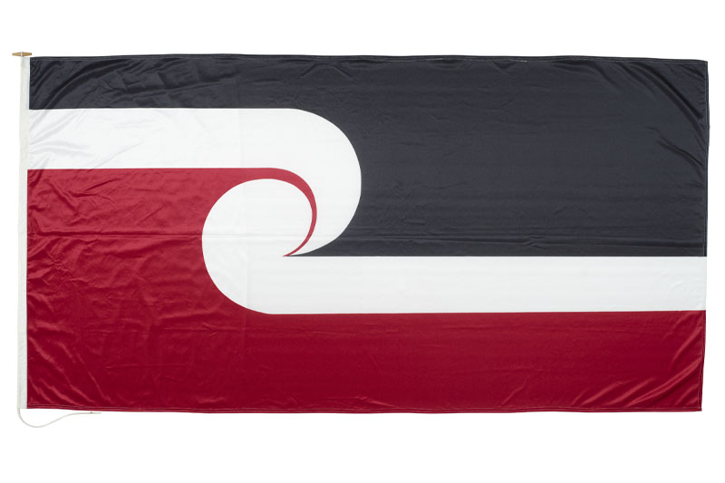 Tino rangatiratanga flag: top third is black, bottom third is red, middle third, in the shop of two koru, is white