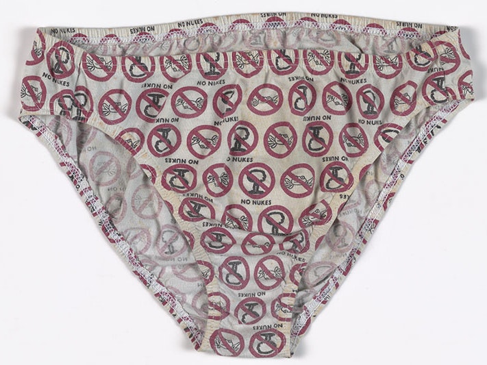 ‘No Nukes’ underpants, 1985, made by Lane Walker Rudkin, New Zealand. Gift of Mark Roach, 2013. Te Papa (GH017664) Pair of white underpants, covered in anti-nuclear symbols
