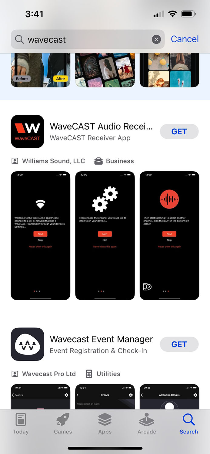 Screenshot of the iOS App Store showing the results for a search for WaveCAST
