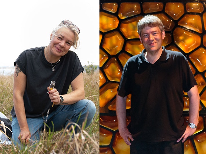 Julia Kasper and Phil Sirvid Split image with a woman crouched down outside and a man standing in front of a giant plastic beehive.