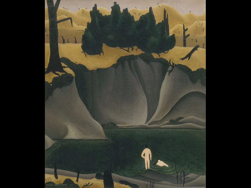 Painting of a pool of water underneath a cliff, with hills and trees in the distance. Two people are bathing in the water