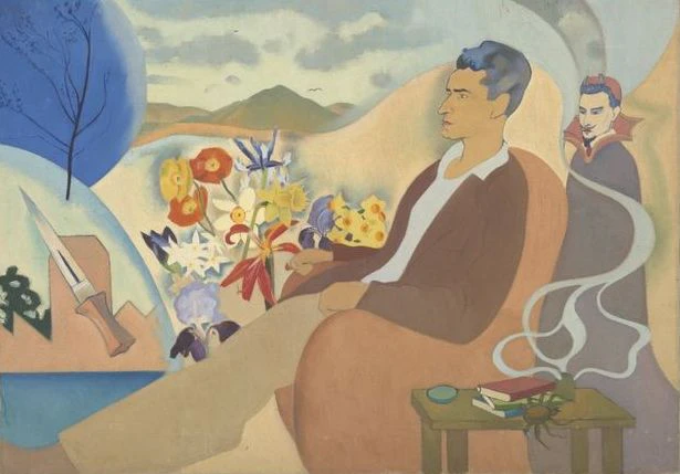 Painting of Douglas MacDiarmid sitting in a chair. A table beside him contains books and smoke rising. Behind him is the Devil, hills and flowers, and a dagger