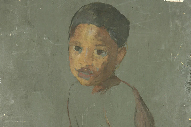 Unfinished painting of a young boy on the back of a canvas