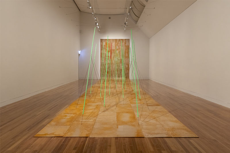 Installation view of the artwork “Extensum/Extensor”. It comprises of a long sheet of rusted paper which hangs from the ceiling and rolls out across the floor. On the floor part of the paper, thins rods in floor green stick out, like hairs