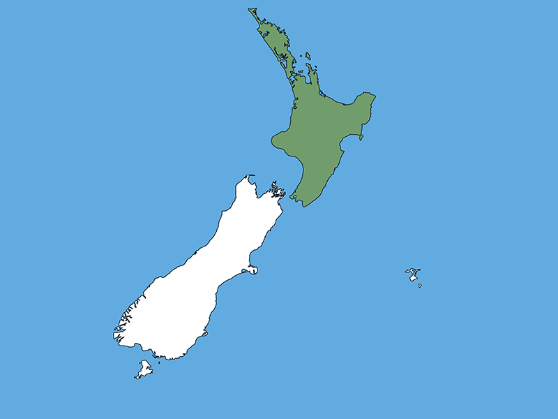 A map of Aotearoa New Zealand with a blue background. The North Island is coloured green and the South Island and other islands are white.