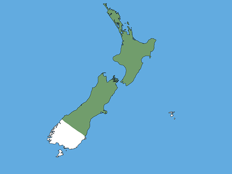 A map of Aotearoa New Zealand with a blue background. The North and top two thirds of the South Island the lower part of the South Island which is white.s.
