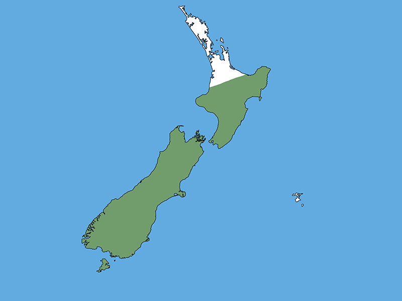 A map of Aotearoa New Zealand with a blue background. The top of the North Island is white and the rest of the country is green.