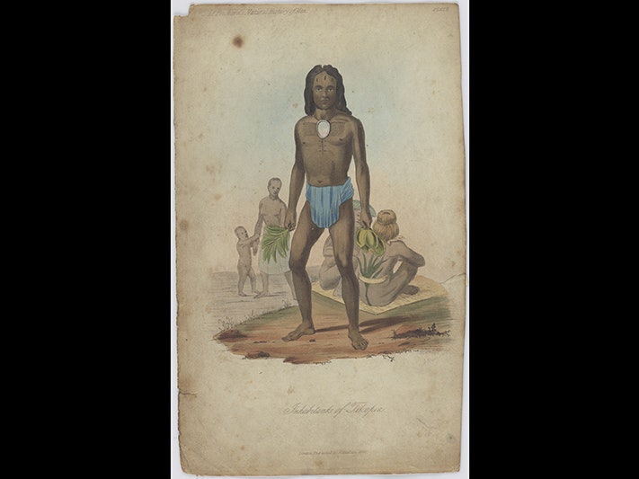 Inhabitants of Tikopia. From: The Natural History of Man by James Cowles Prichard, circa 1842, by J Bull, Hippolyte Baillière. Gift of Miss E March, 1951. Te Papa (1992-0035-2154) A watercolour painting of a man holding a spear