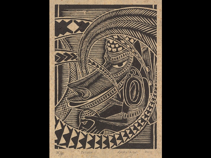 Toto Isu, by Ralph Ako; 2015; Solomon Islands. Purchased 2016. Te Papa (FE013254) A wood print of a stylised dog face.