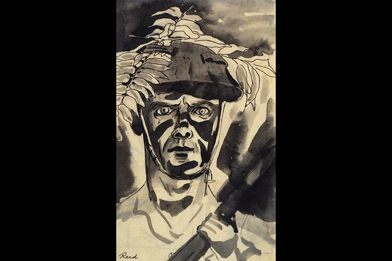 A black and clay-coloured painting of the head and shoulders of a soldier holding a gun.
