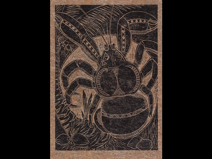 Tupe, woodcut by Ralph Ako, 1996, Solomon Islands. Purchased 2016. Te Papa (FE013256) A woodcut print of a giant crab