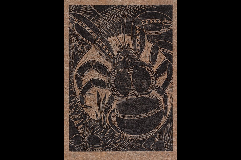 A woodcut print of a giant crab