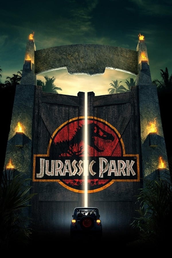 A promotional poster for the film Jurassic park with a jeep driving away from large gates with the words Jurassic Park written on them.