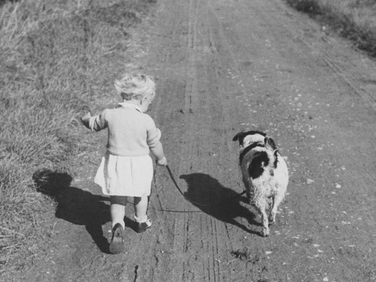 A little girl walks down a dirt road with a dog by her side