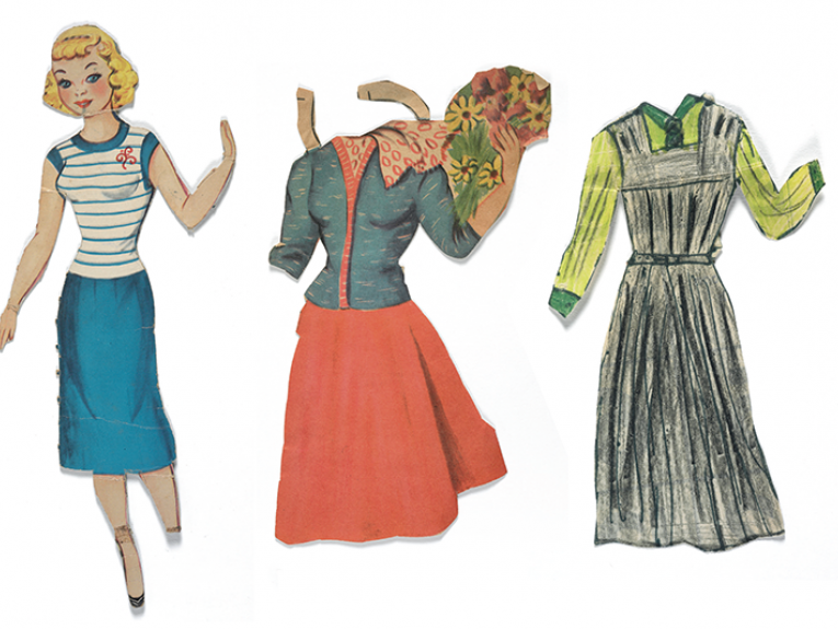 Three images of a paper-cut doll and two outfits.