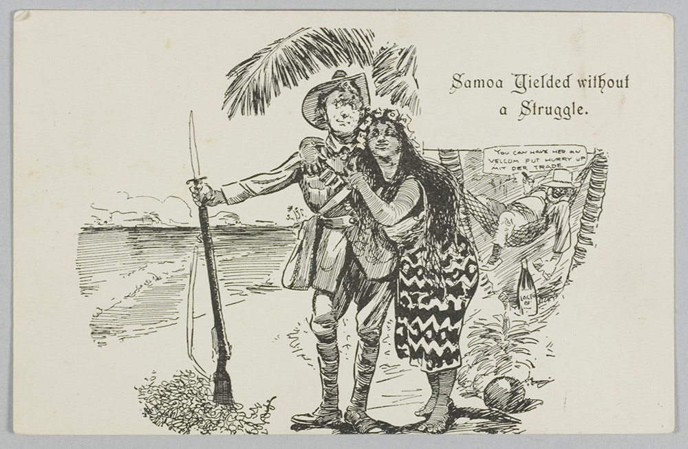 A line-drawing of two people on a beach. The man is dressed in an Army uniform and the woman is dressed in traditional Sāmoan clothing, and hanging off him 'adoringly'.
