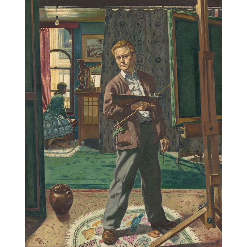 Man stands in front of an easel with artist’s palette in hand, looking at the viewer. Behind him, in another room, a woman looks out the window