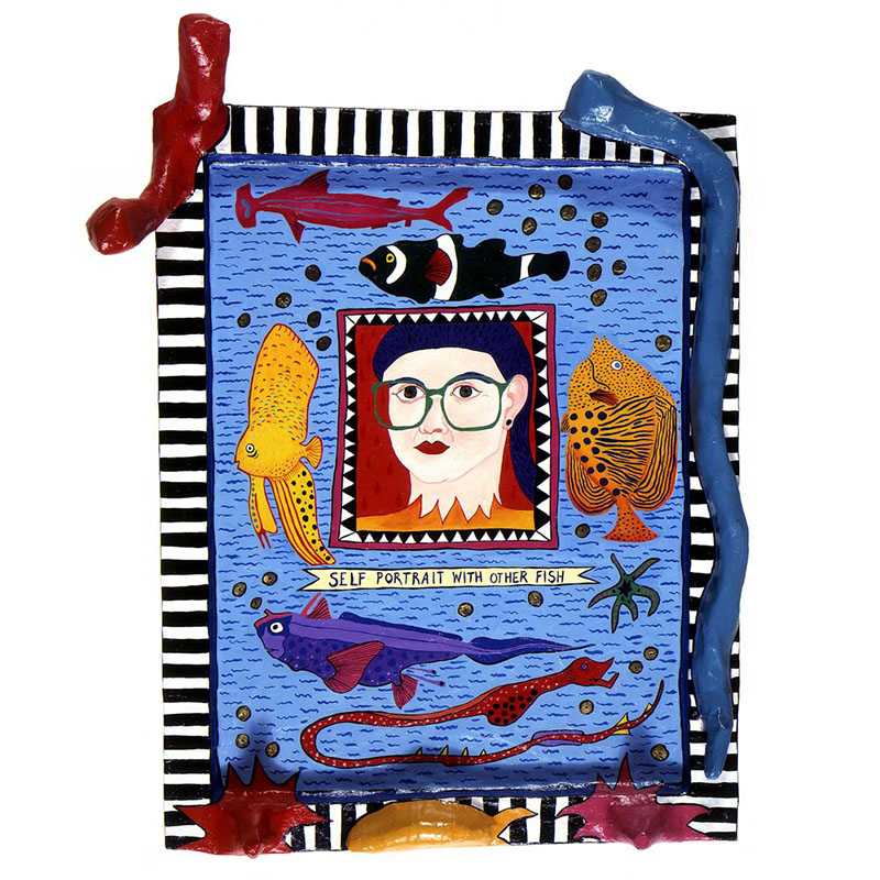 Painting of a vivid underwater scene featuring various fish, with a portrait of a woman in the middle. It is housed in a black and white striped frame with further underwater life on it