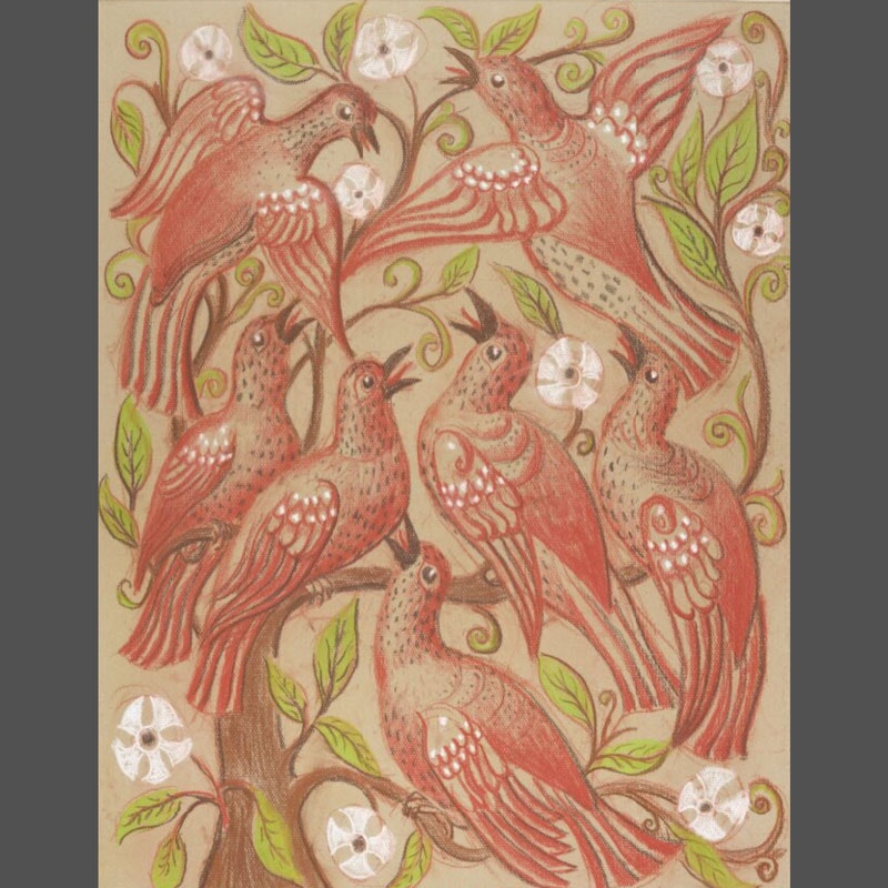 Drawing of lots of birds in shades of red