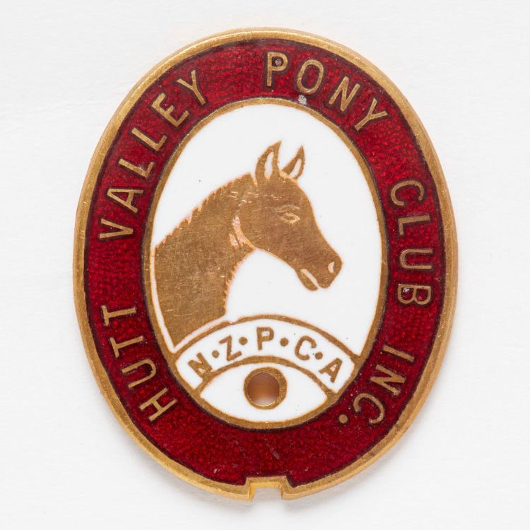 Oval badge with red and gold border with the words Hutt Valley Pony Club Inc. Inside the border is a gold pony with perky ears and the letters N.Z.P.C.A