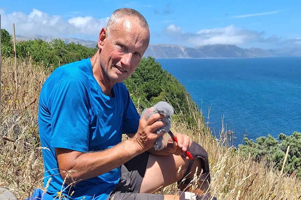 A man in a blue t-shirt is holding a grey fluffy chick on the side of a mountain by the sea.